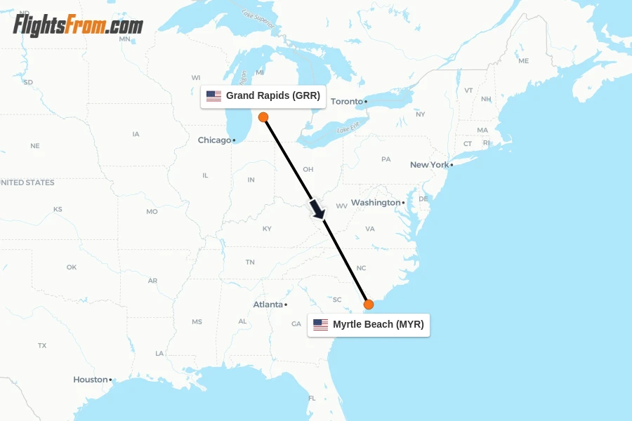 Flights from Grand Rapids to Myrtle Beach route map