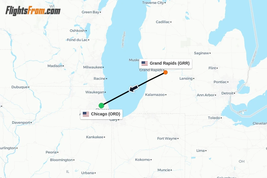 Flights from Grand Rapids to Chicago route map