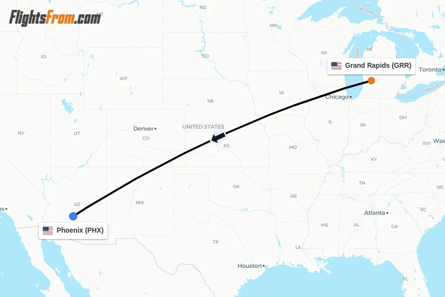 Flights from Grand Rapids to Phoenix route map