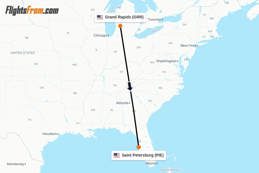 Flights from Grand Rapids to Saint Petersburg route map