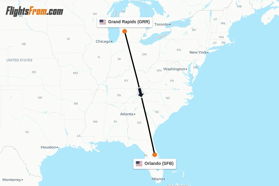 Flights from Grand Rapids to Orlando route map