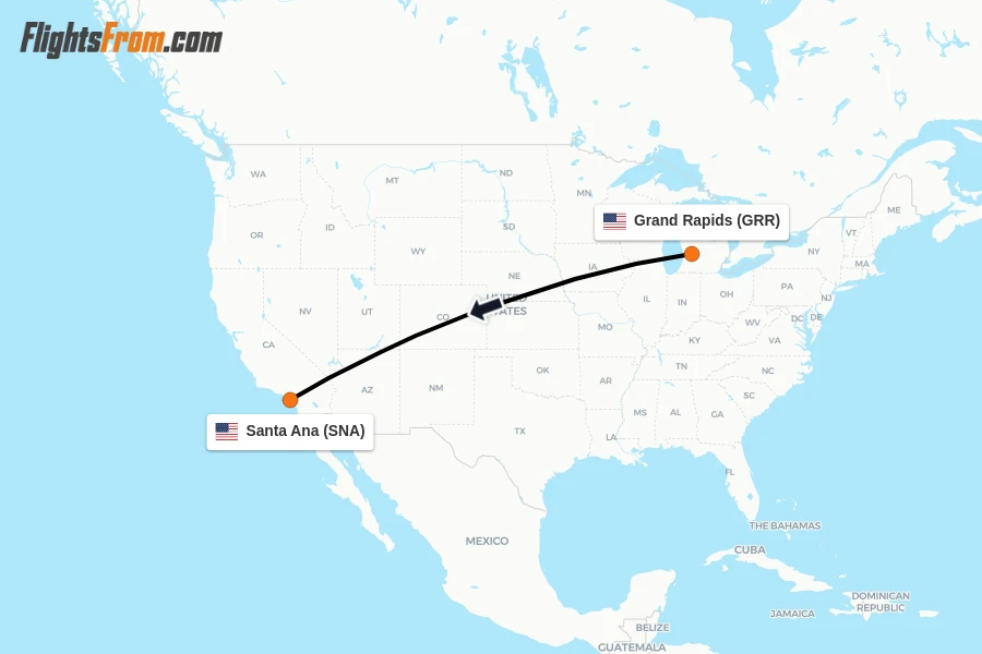 Flights from Grand Rapids to Santa Ana route map