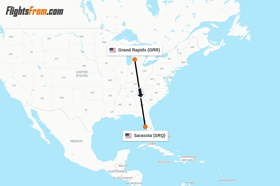 Flights from Grand Rapids to Sarasota route map