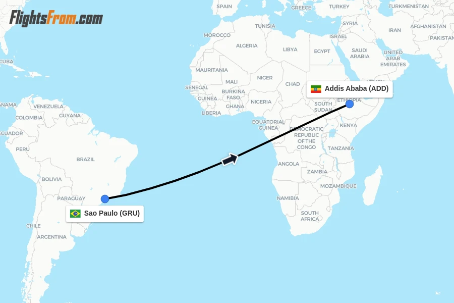 Flights from Sao Paulo to Addis Ababa route map