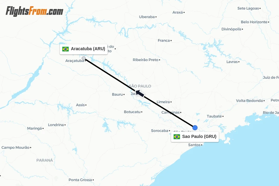 Flights from Sao Paulo to Aracatuba route map