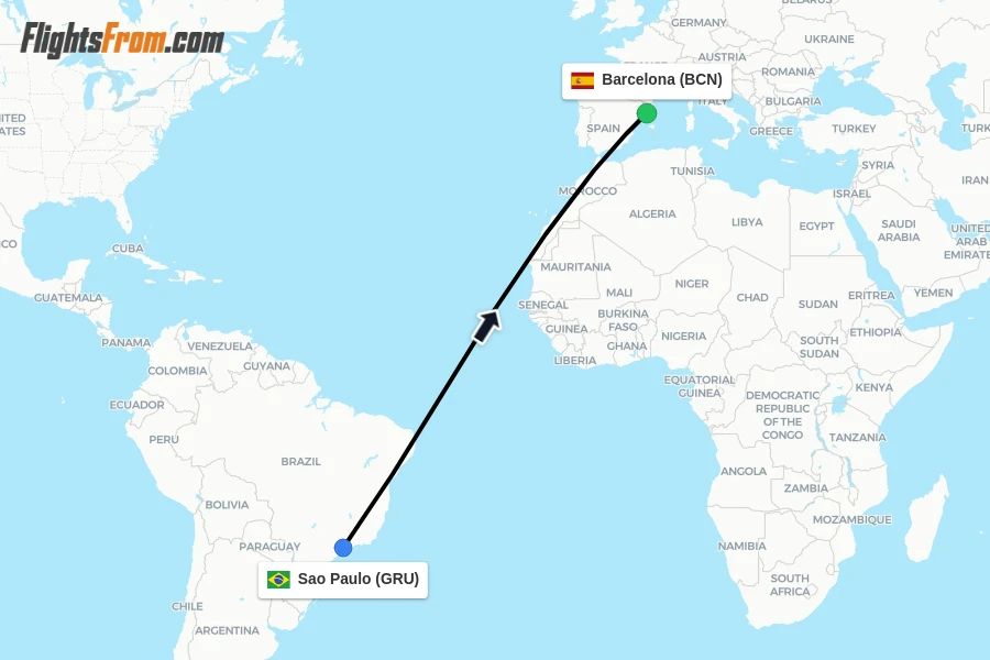 Flights from Sao Paulo to Barcelona route map
