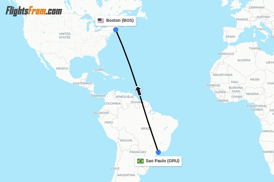 Flights from Sao Paulo to Boston route map
