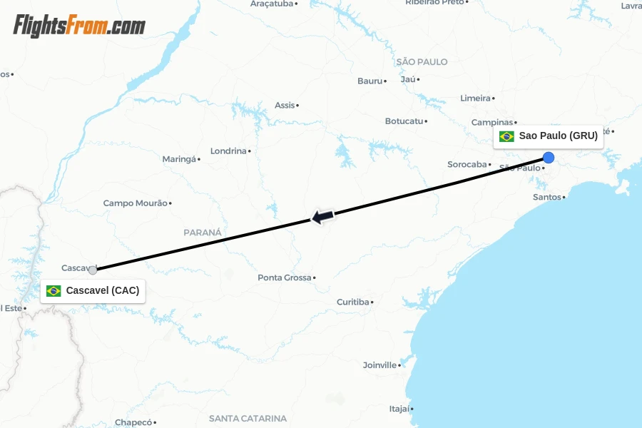 Flights from Sao Paulo to Cascavel route map
