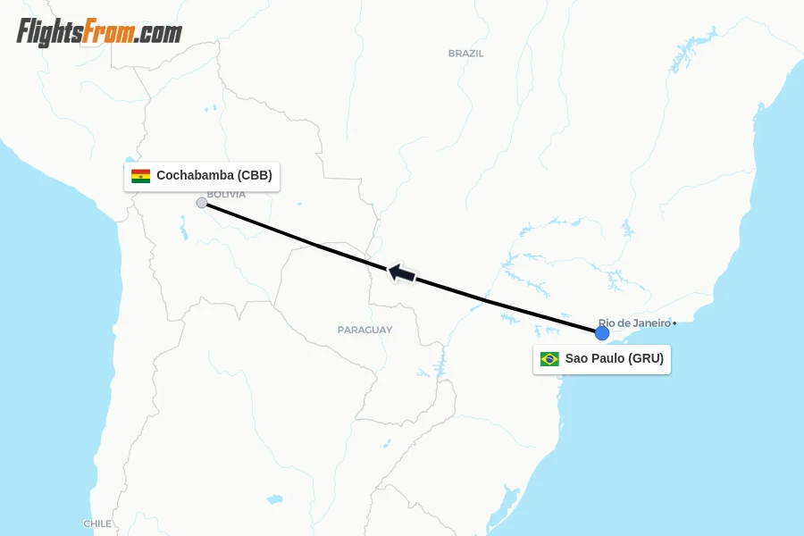 Flights from Sao Paulo to Cochabamba route map