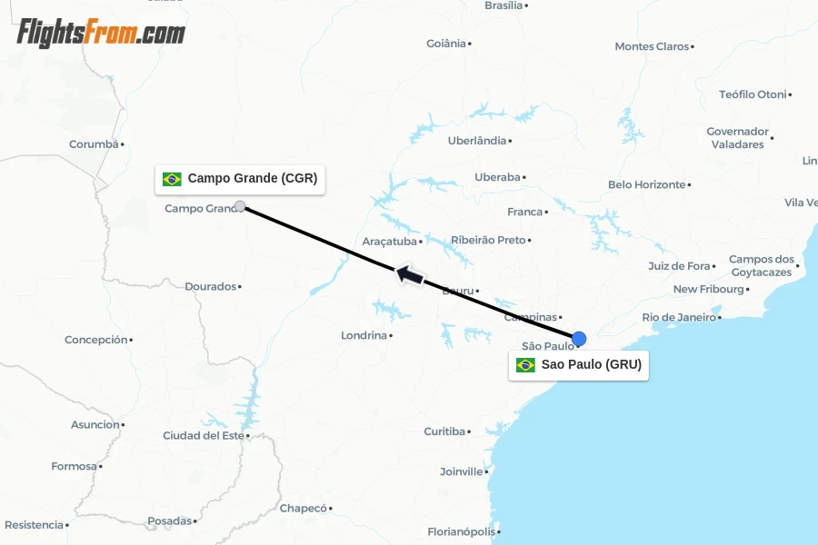Flights from Sao Paulo to Campo Grande route map