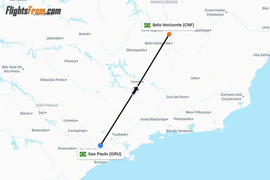 Flights from Sao Paulo to Belo Horizonte route map