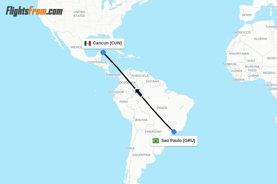 Flights from Sao Paulo to Cancun route map