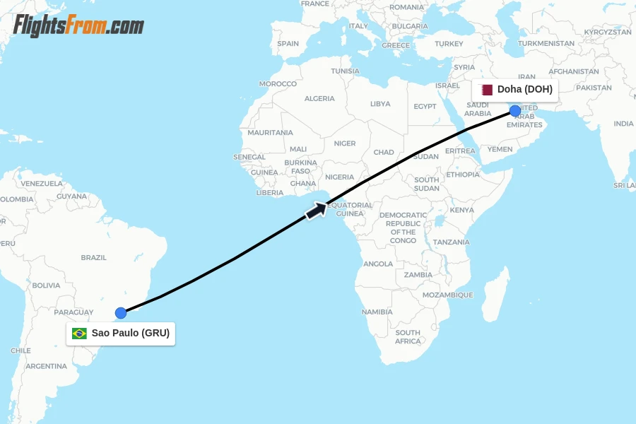 Flights from Sao Paulo to Doha route map