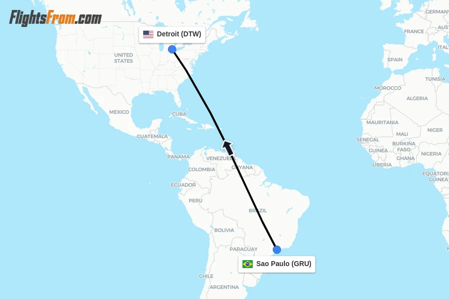 Flights from Sao Paulo to Detroit route map