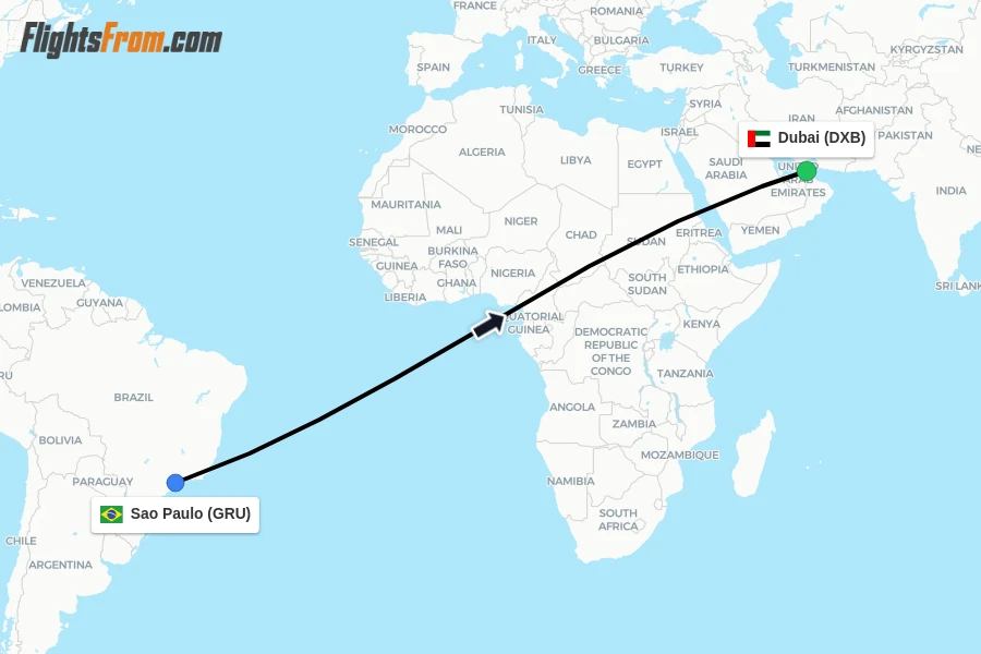 Flights from Sao Paulo to Dubai route map