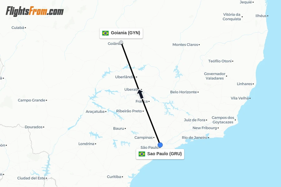Flights from Sao Paulo to Goiania route map