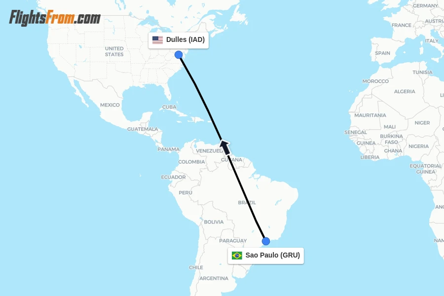 Flights from Sao Paulo to Dulles route map