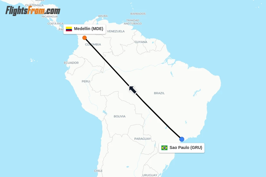 Flights from Sao Paulo to Medellin route map