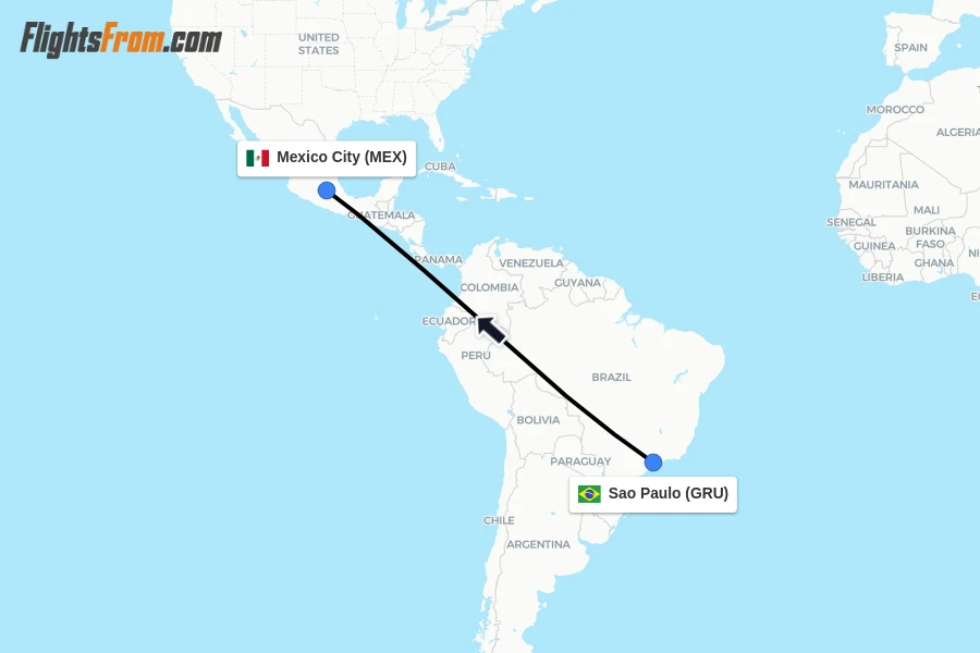 Flights from Sao Paulo to Mexico City route map