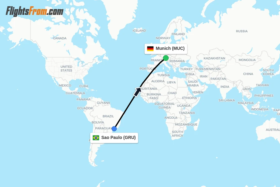 Flights from Sao Paulo to Munich route map