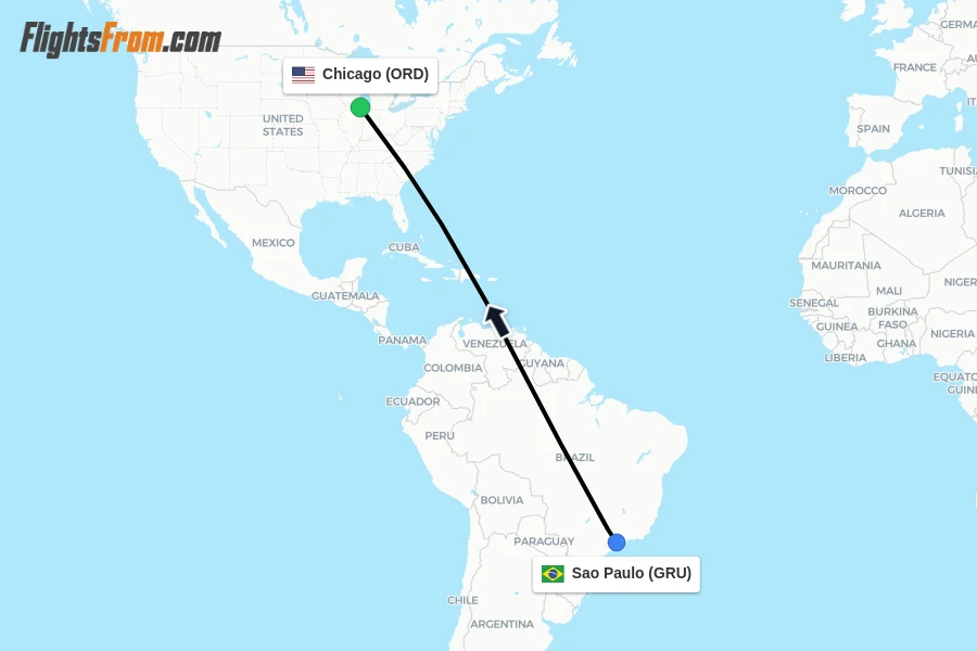 Flights from Sao Paulo to Chicago route map
