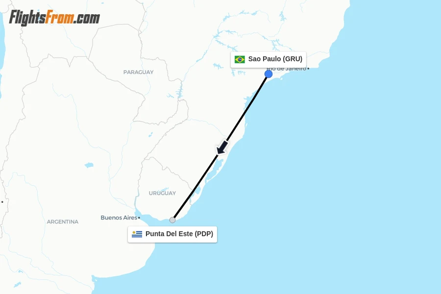 Flights from Sao Paulo to Punta Del Este route map