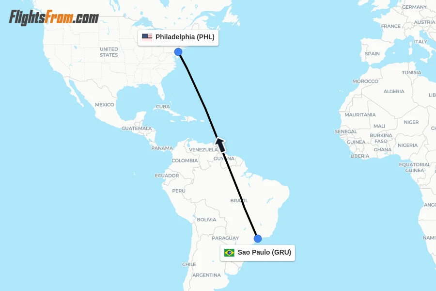 Flights from Sao Paulo to Philadelphia route map