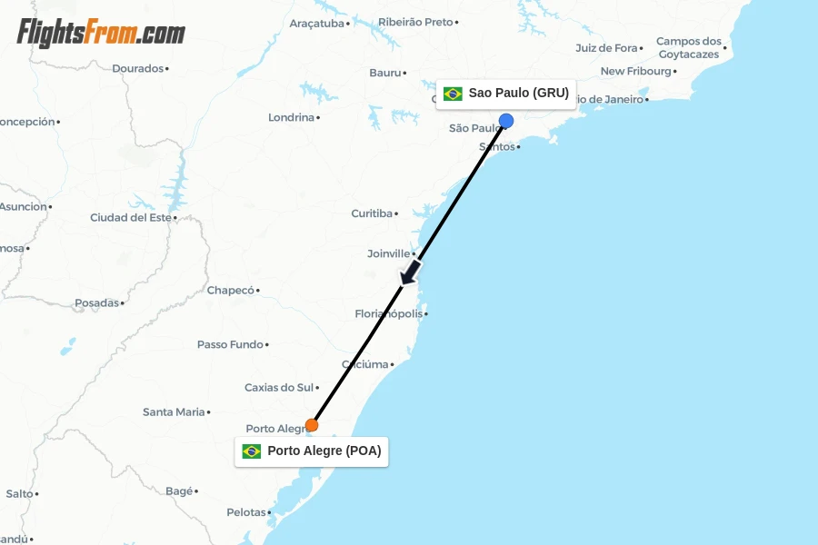 Flights from Sao Paulo to Porto Alegre route map