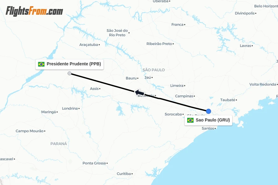 Flights from Sao Paulo to Presidente Prudente route map