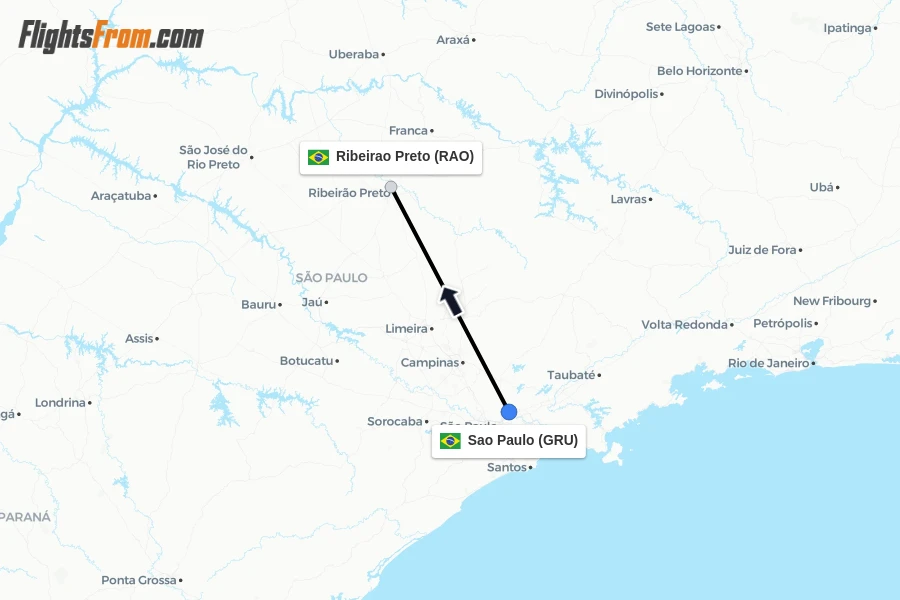 Flights from Sao Paulo to Ribeirao Preto route map