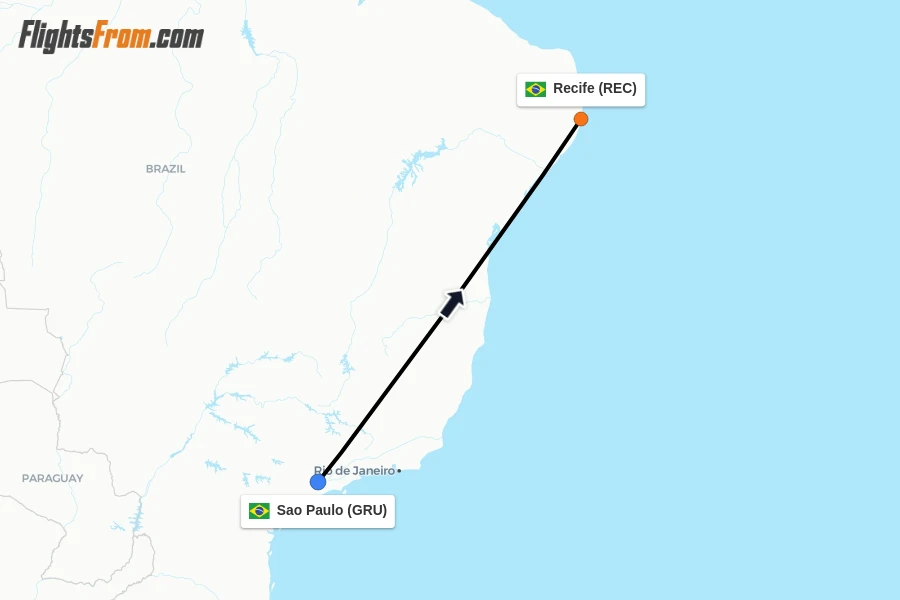 Flights from Sao Paulo to Recife route map