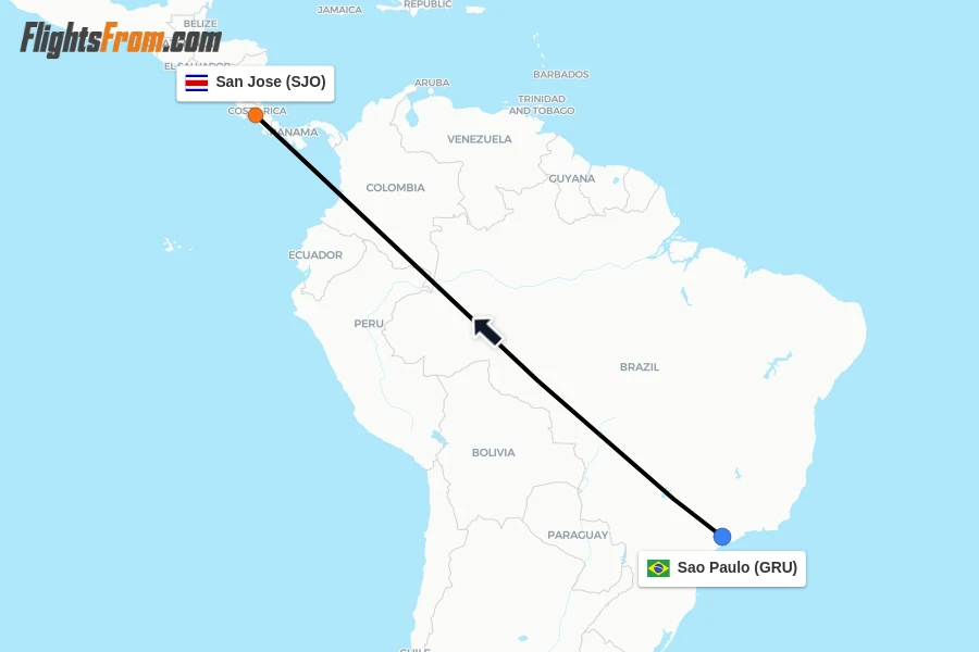 Flights from Sao Paulo to San Jose route map