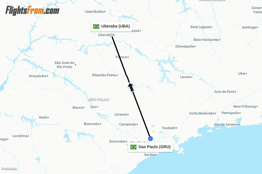 Flights from Sao Paulo to Uberaba route map