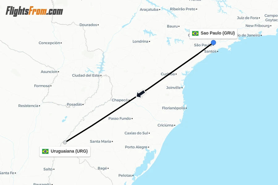 Flights from Sao Paulo to Uruguaiana route map