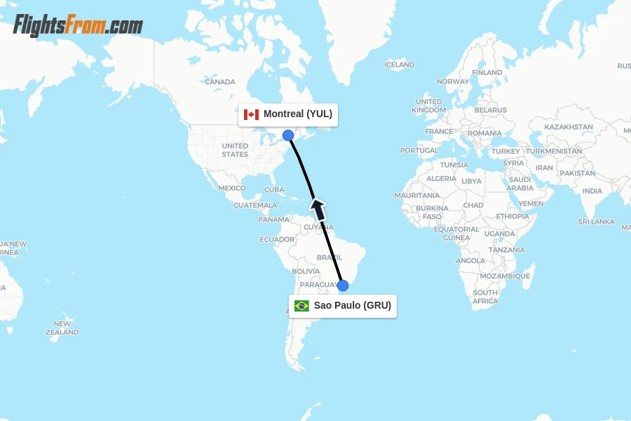 Flights from Sao Paulo to Montreal route map