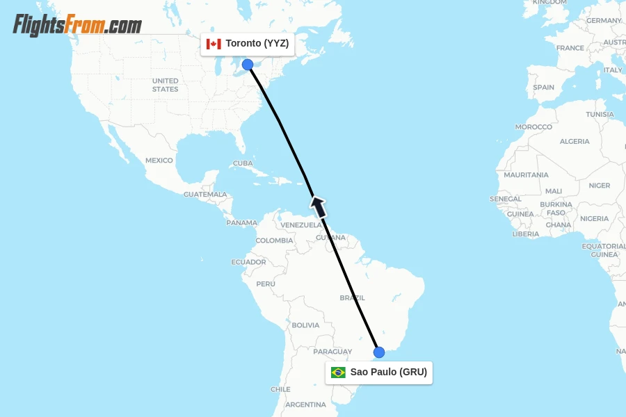 Flights from Sao Paulo to Toronto route map