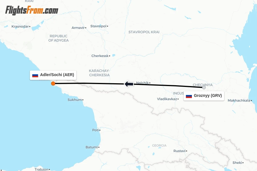 Flights from Groznyy to Adler/Sochi route map