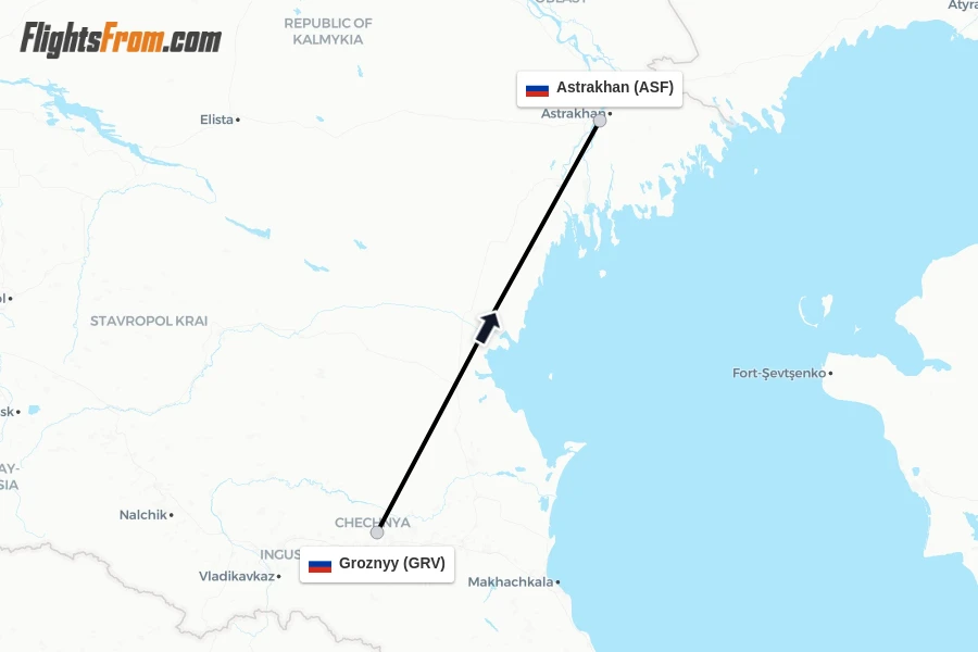Flights from Groznyy to Astrakhan route map