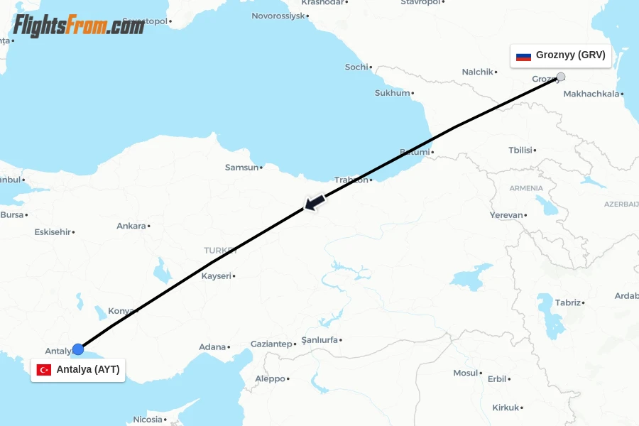 Flights from Groznyy to Antalya route map