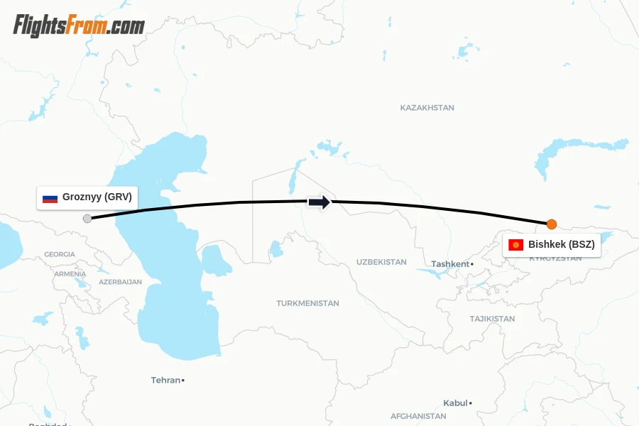Flights from Groznyy to Bishkek route map