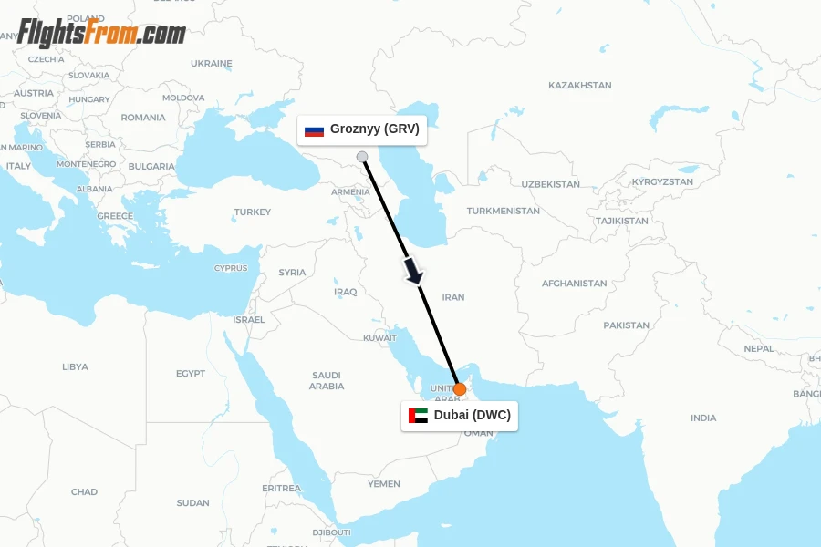 Flights from Groznyy to Dubai route map
