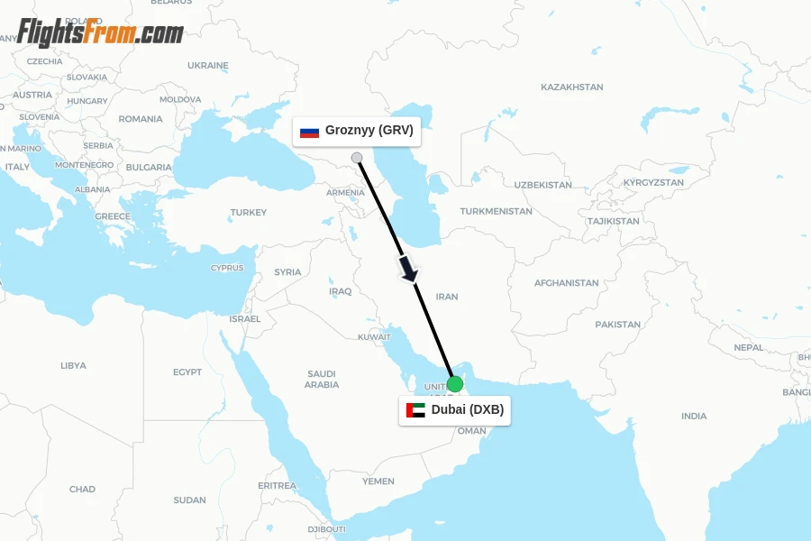 Flights from Groznyy to Dubai route map