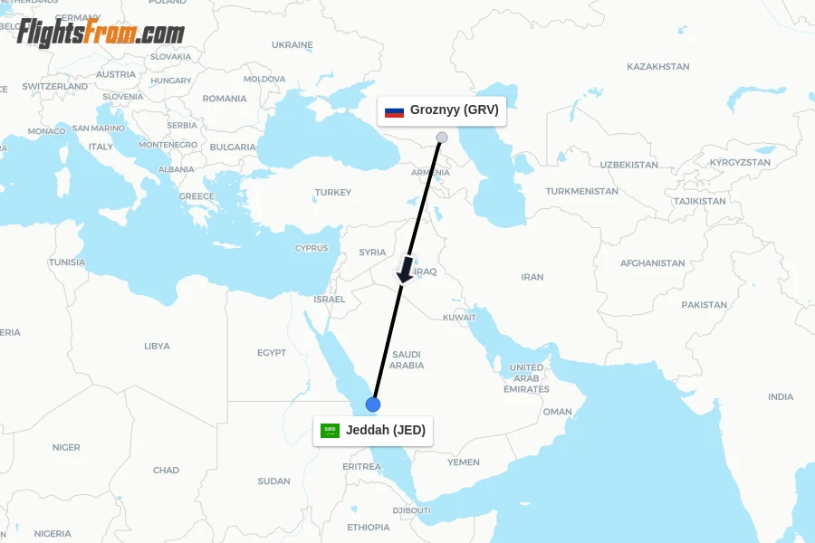 Flights from Groznyy to Jeddah route map