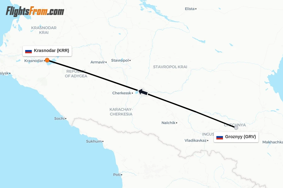 Flights from Groznyy to Krasnodar route map
