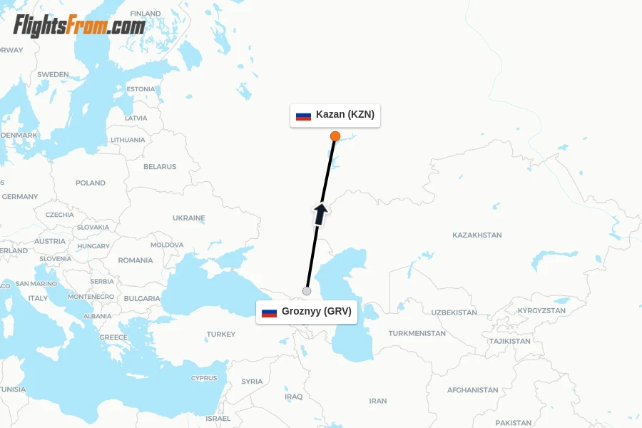 Flights from Groznyy to Kazan route map