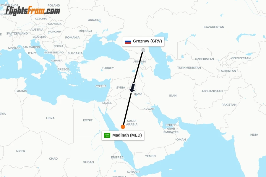 Flights from Groznyy to Madinah route map