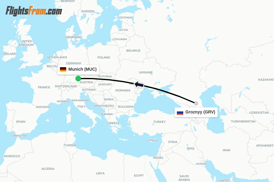 Flights from Groznyy to Munich route map