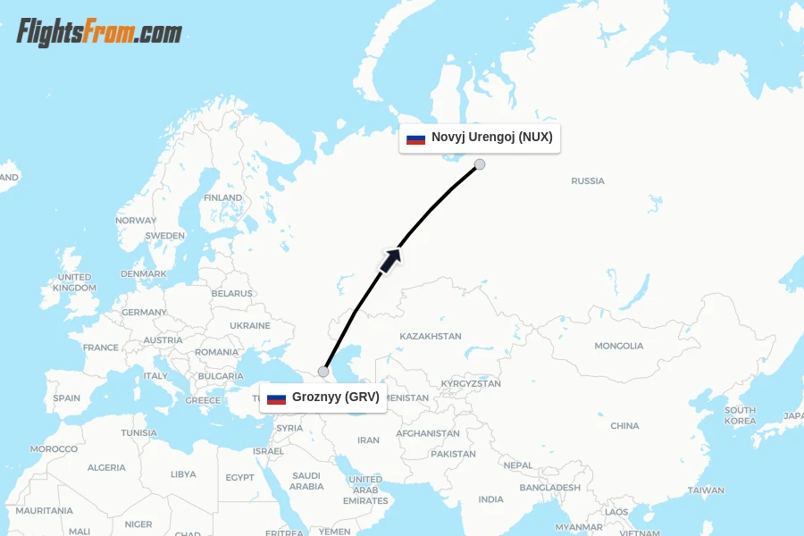 Flights from Groznyy to Novyj Urengoj route map