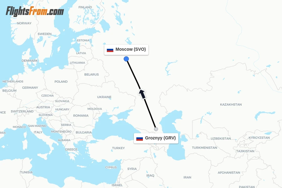 Flights from Groznyy to Moscow route map