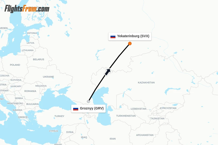 Flights from Groznyy to Yekaterinburg route map